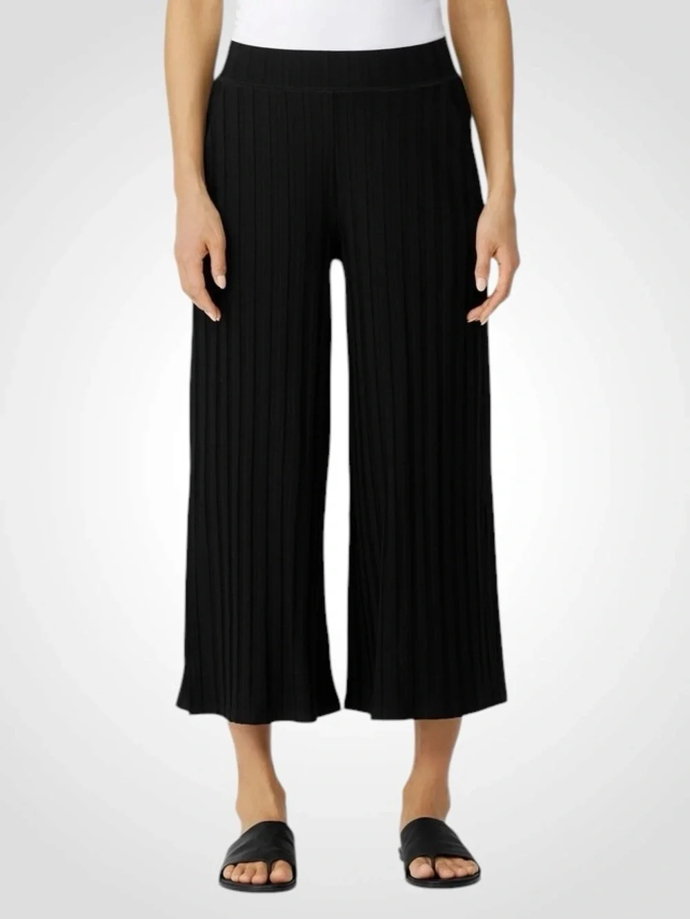 Eileen Fisher Black Ribbed Wide-Leg Cropped Pants with Side Slits NWOT Size M - Picture 3 of 14